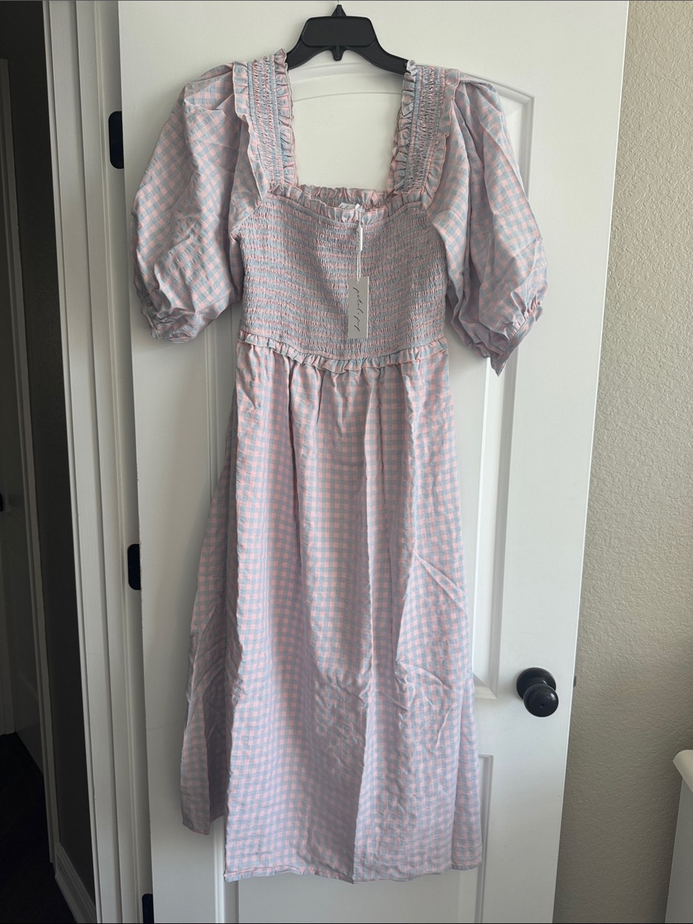 Pink Gingham Maxi Dress with Puff Sleeves